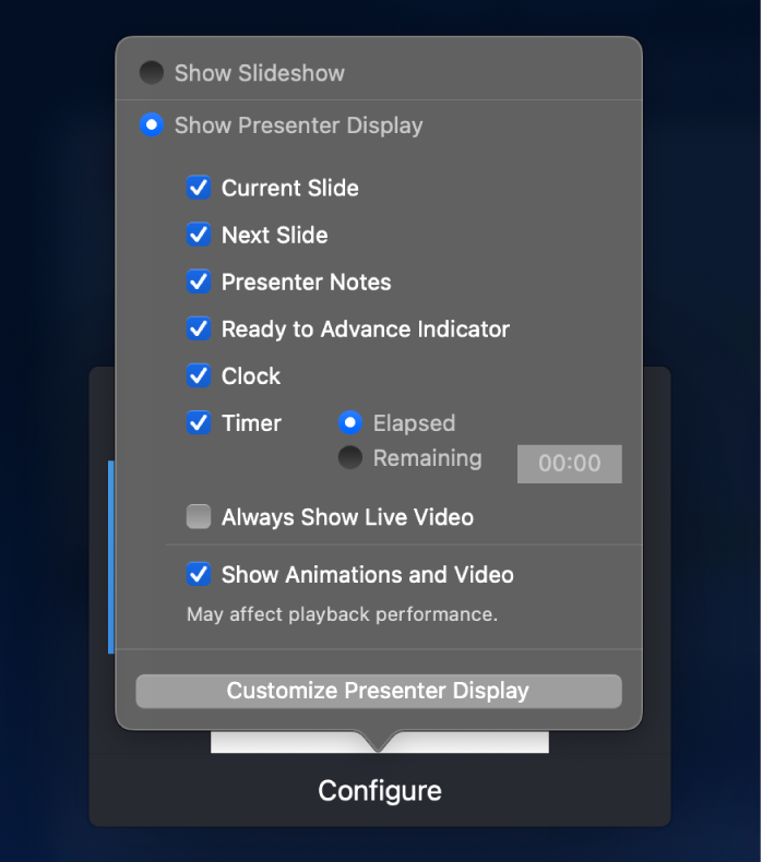 Options for what to show on each display. You can show the slideshow, or show the presenter display, which has options including Current Slide, Next Slide, Presenter Notes, Ready to Advance Indicator, Clock, and Timer. The timer has additional options to show either the time elapsed or the time remaining.