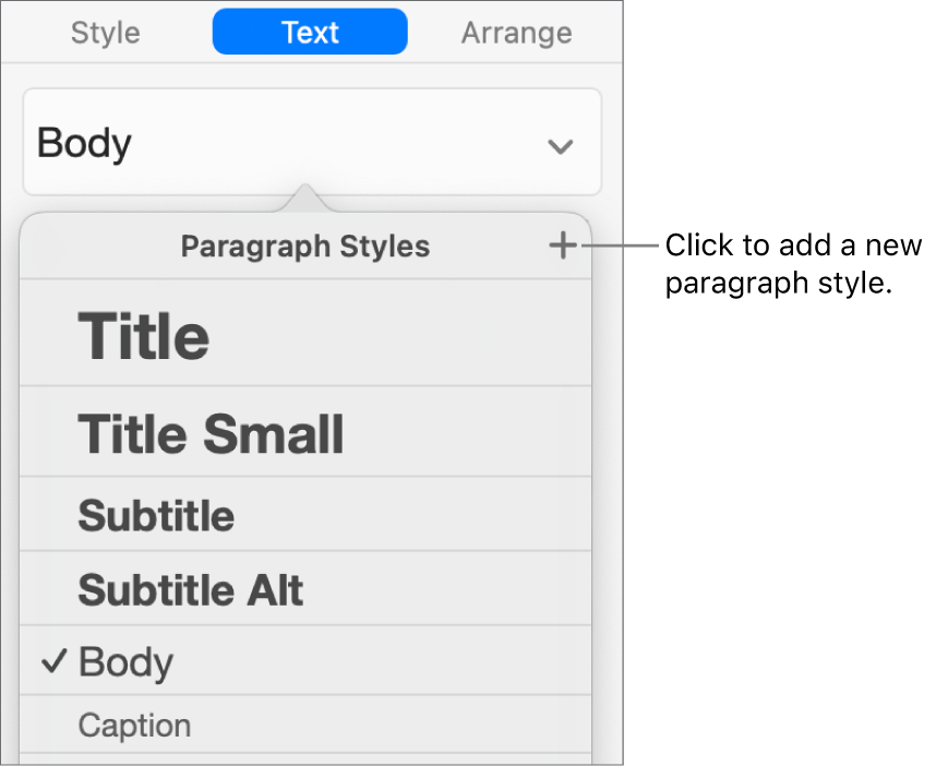 The Paragraph Styles menu with a callout to the New Style button.