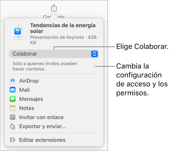 El menú Compartir con la opción Colaborar seleccionada en la parte superior, y la configuración de acceso y permisos debajo.