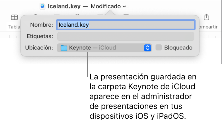 El cuadro de diálogo Guardar de una presentación con Keynote — iCloud se encuentra en el menú desplegable Dónde.