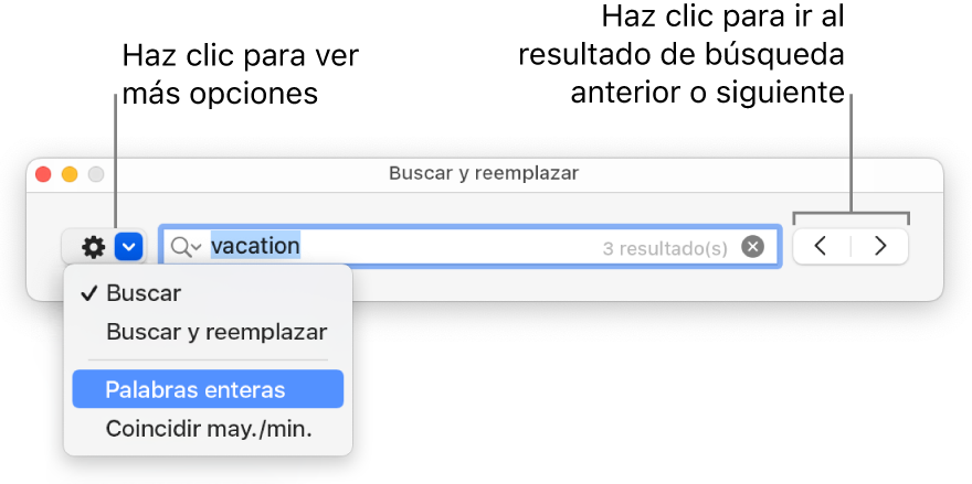 La ventana Buscar y reemplazar con un mensaje en el menú desplegable mostrando las opciones Buscar, Buscar y reemplazar, Reemplazar, Palabras enteras y Coincidir may./min. Las flechas ubicadas a la derecha permiten ir al resultado anterior o al siguiente.