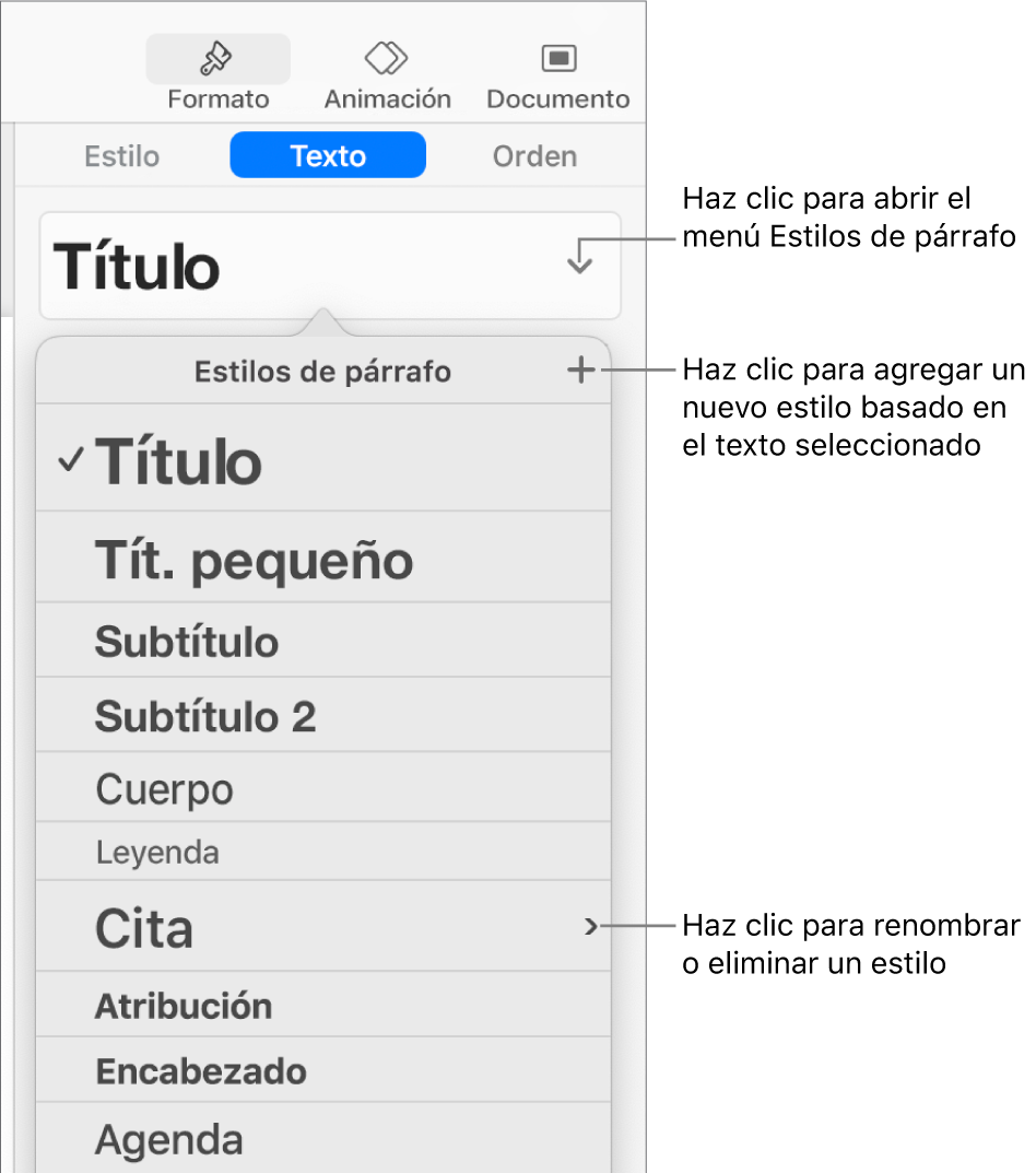 El menú Estilos de párrafo muestra controles para agregar o cambiar un estilo.