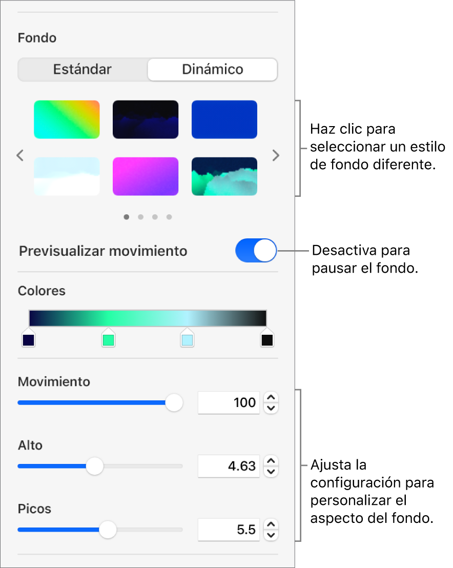 El botón Dinámico seleccionado en la sección Fondo de la barra lateral Formato con los estilos de fondo dinámicos, el control Vista previa de movimiento y los controles de aspecto.