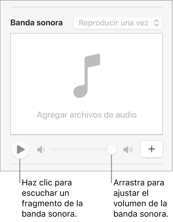 Los controles Banda sonora con mensajes en el botón Reproducir y en el regulador de volumen.