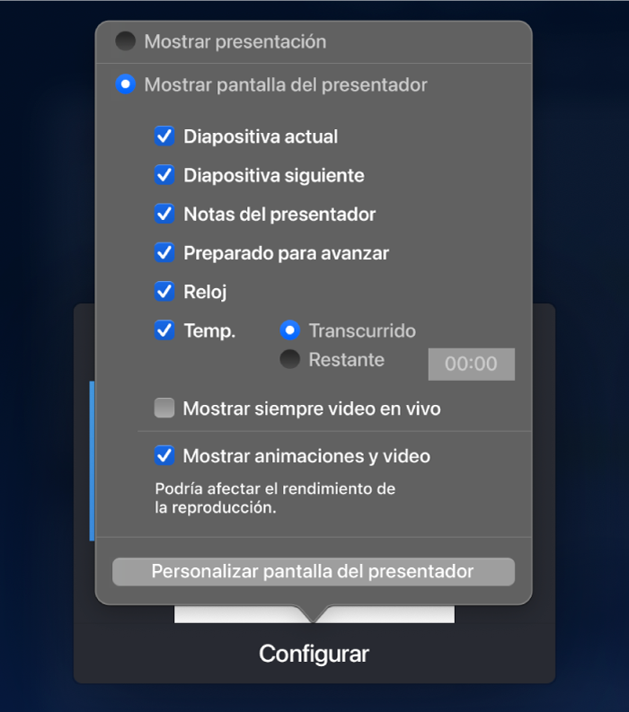 Opciones para establecer lo que se muestra en cada pantalla. Puedes mostrar la presentación de diapositivas o la pantalla del presentador, la cual incluye opciones como Diapositiva actual, Diapositiva siguiente, Notas del presentador, Preparado para avanzar, Reloj y Temporizador. El temporizador tiene opciones adicionales para mostrar ya sea el tiempo transcurrido o el tiempo restante.