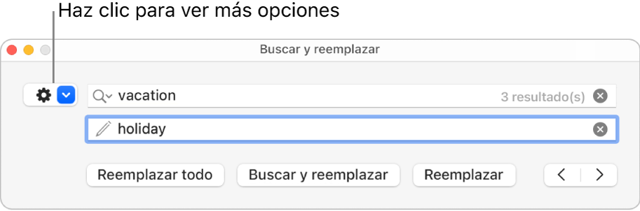 La ventana Buscar y reemplazar con un mensaje en el menú desplegable que muestra más opciones.