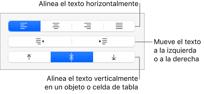 La sección Alineación de la barra lateral con botones para alinear el texto horizontalmente, mover el texto a izquierda o derecha y alinear el texto verticalmente.