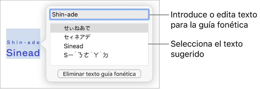 Guía fonética abierta para una palabra, con llamadas al campo de texto y al texto sugerido.