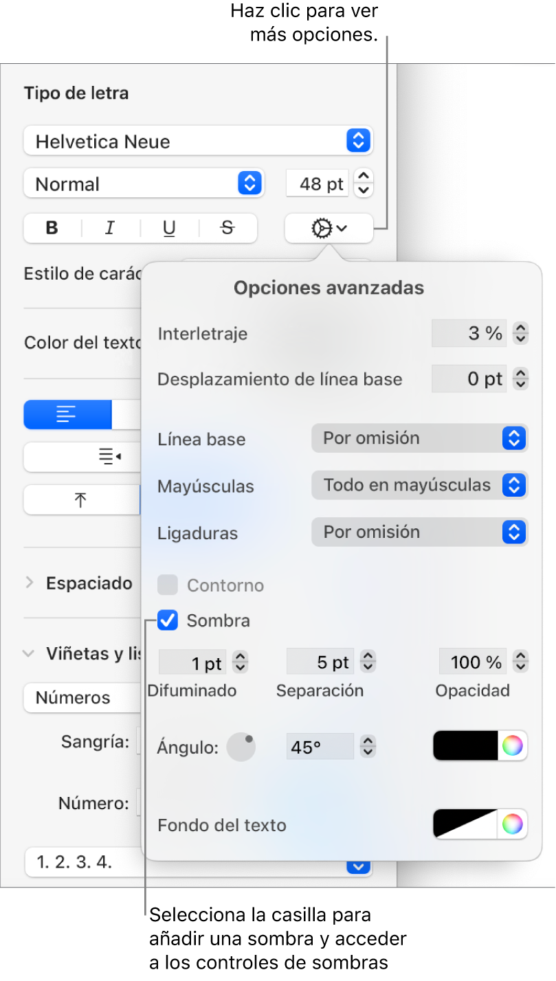 El menú “Opciones avanzadas” abierto con la casilla Sombras seleccionada y controles para configurar el desenfoque, la desviación, la opacidad, el ángulo y el color.