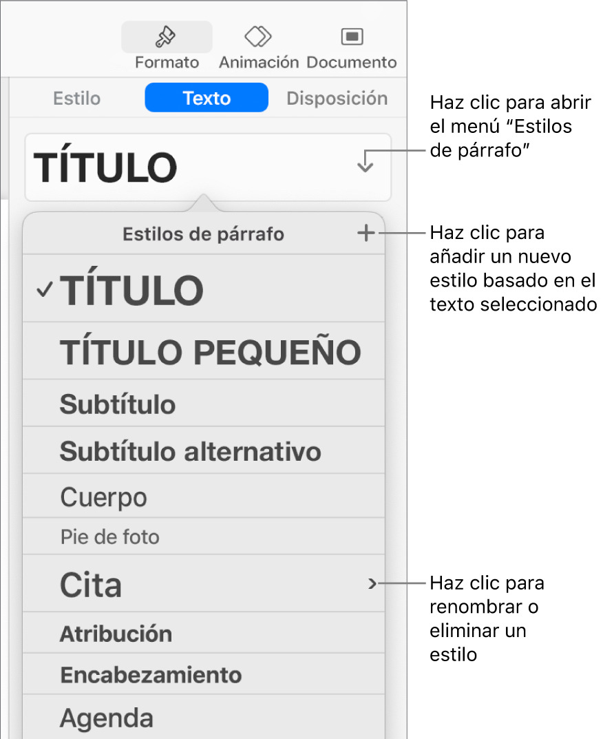 El menú “Estilos de párrafo”, con los controles para añadir o cambiar un estilo.