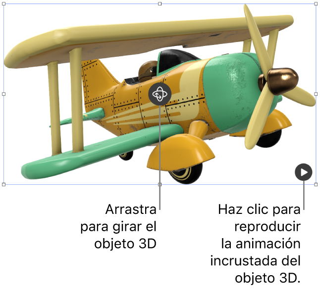 Un objeto 3D con el botón Girar en el centro del objeto y el botón Reproducir en la esquina inferior derecha.