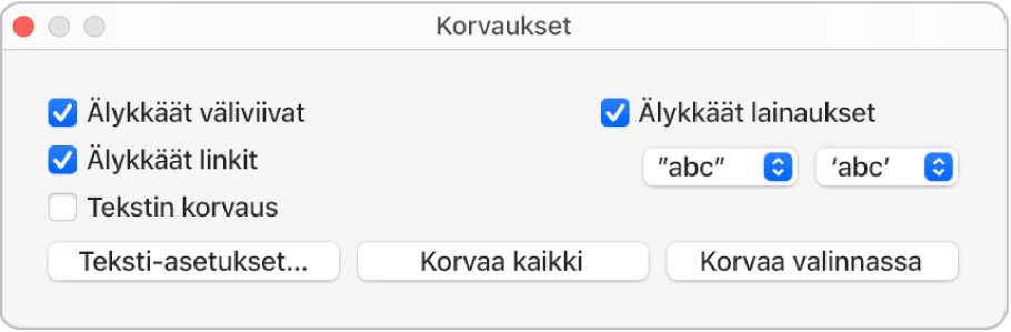 Korvaukset-ikkuna.