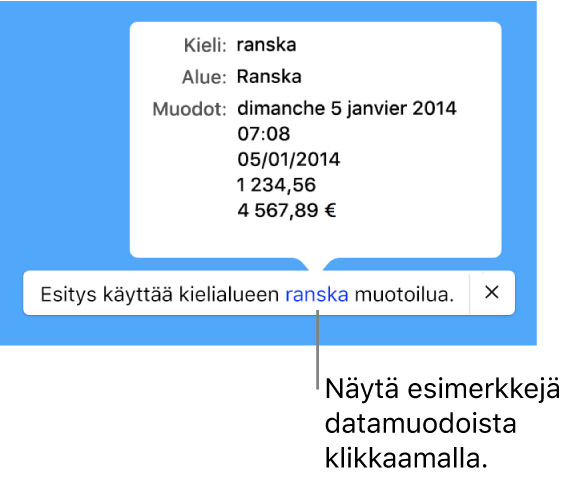 Eri kieli- ja alueasetuksen ilmoitus, jossa on esimerkkejä kyseisen kielen ja alueen muotoilusta.