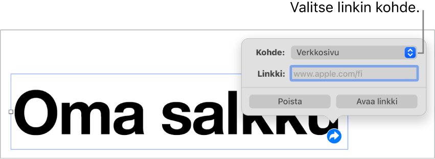 Linkin muokkausikkunan säätimet, joissa on valittuna Verkkosivu ja alhaalla ovat painikkeet Poista ja Avaa linkki.