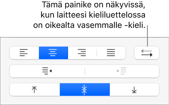 Muoto-sivupalkin Tasaus-osiossa oleva Kappaleen suunta -painike.