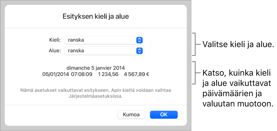 Kieli ja alue -osio, jossa näkyvät kielen ja alueen säätimet sekä muotoesimerkki mukaan lukien päivämäärä, aika, desimaali ja valuutta.