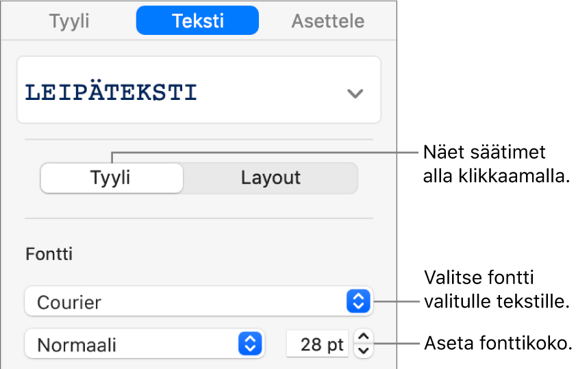 Tekstisäätimet sivupalkin Tyyli-osiossa fontin ja fonttikoon asettamiseen.