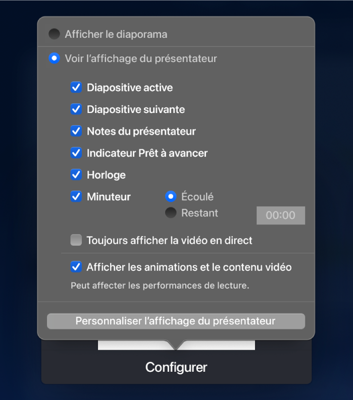 Options d’affichage sur chaque écran. Vous pouvez afficher le diaporama ou l’affichage du présentateur, qui comporte notamment les options Diapositive active, Diapositive suivante, Notes du présentateur, Indicateur Prêt à avancer, Horloge et Minuteur. Le minuteur propose des options supplémentaires permettant d’afficher le temps passé et le temps restant.