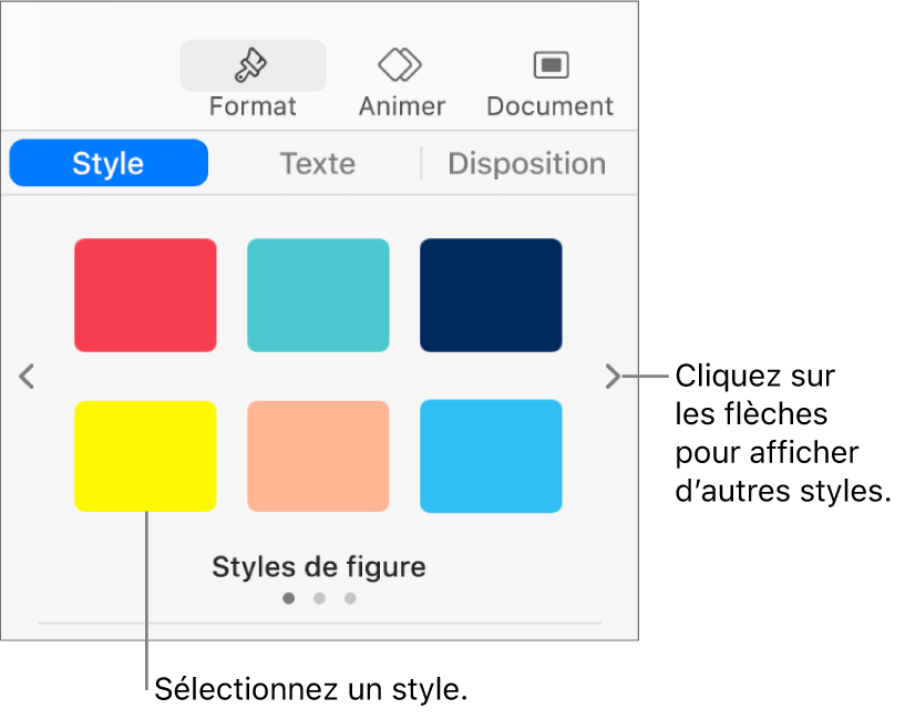 L’onglet Style de la barre latérale Format avec six styles d’objet et, à leur gauche et droite, des flèches de navigation.