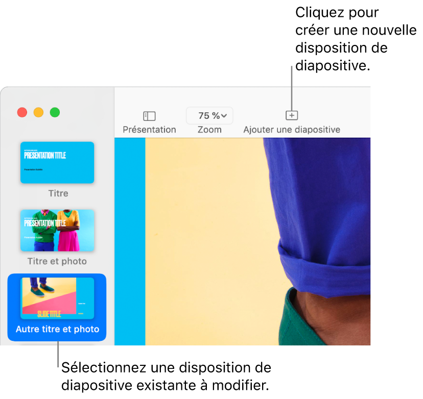 Une disposition de diapositive dans la zone dédiée, avec le bouton « Ajouter une diapositive » au-dessus dans la barre d’outils.