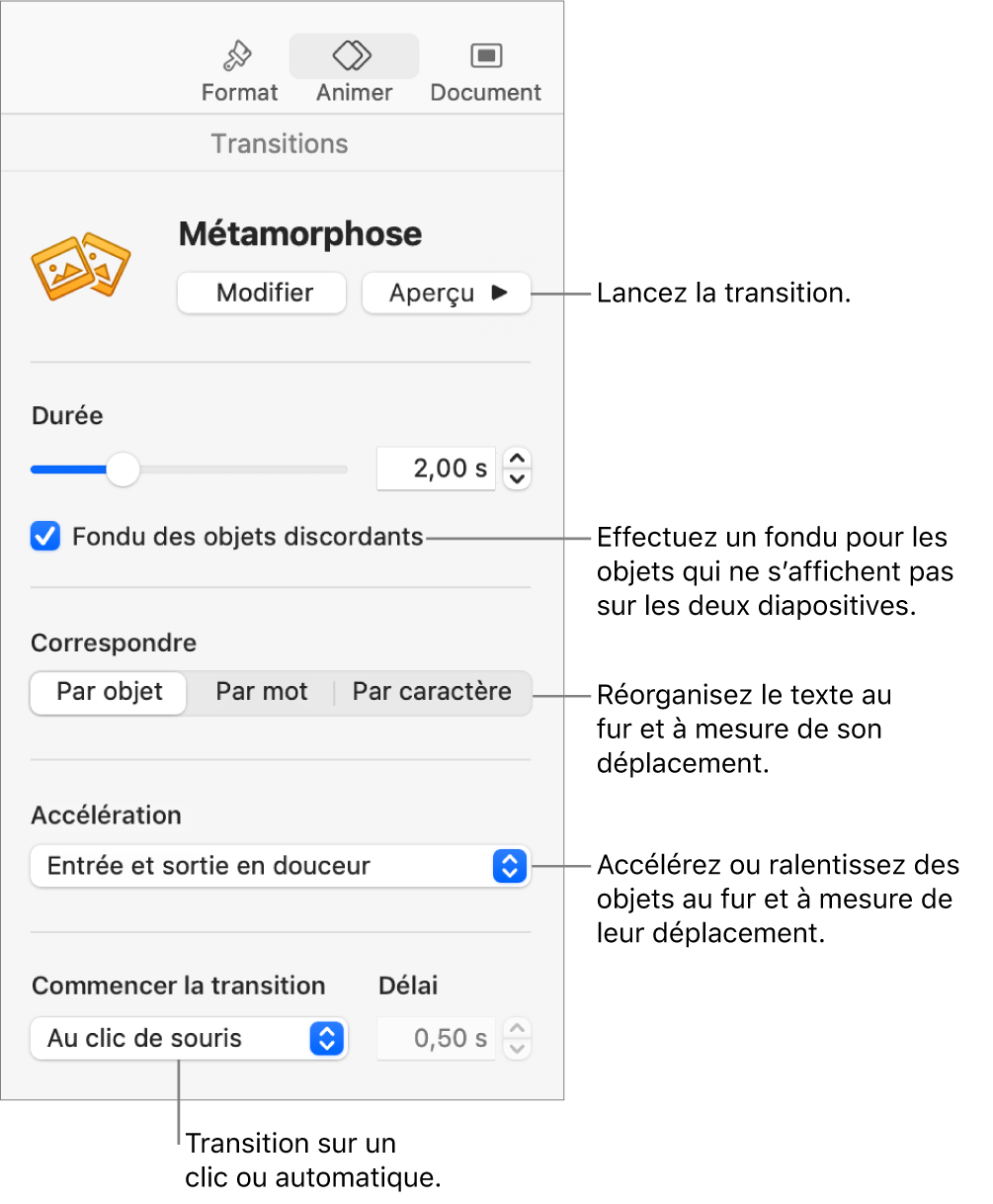 Commandes de transition Métamorphose de la section Transitions de la barre latérale Animer.