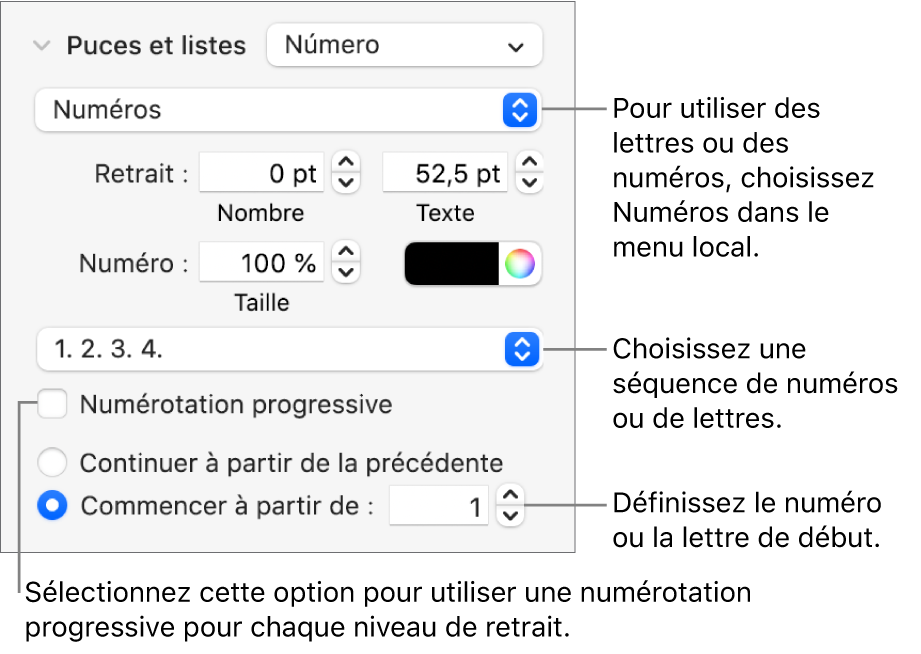 Commandes de modification du style de numérotation et de l’espacement d’une liste.