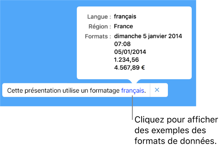 La notification du réglage de langue et de région différents, qui affiche des exemples de la mise en forme correspondant à cette langue et à cette région.