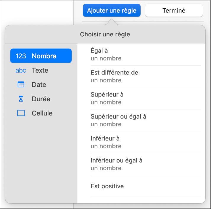 Commandes de réglage de surlignage conditionnel.