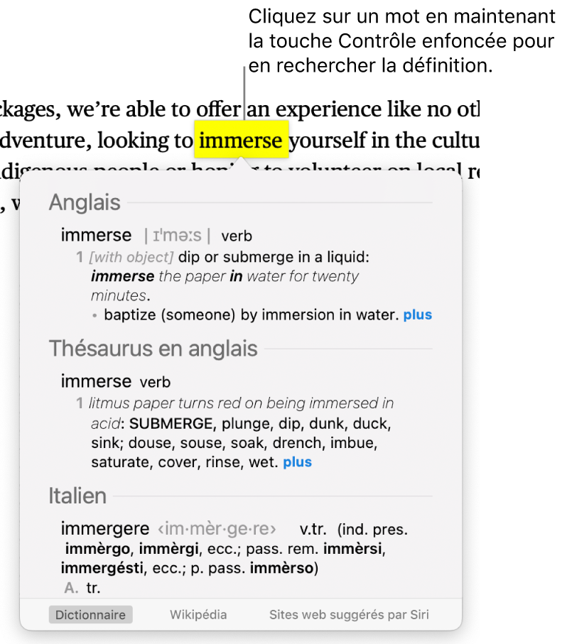 Un texte avec un mot surligné et une fenêtre contenant sa définition et des synonymes. Deux boutons en bas de la fenêtre fournissent des liens vers le dictionnaire et vers Wikipedia.