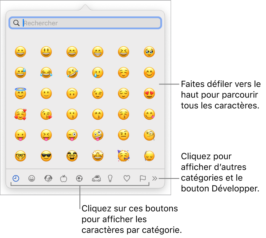 Le menu local Caractères spéciaux affichant des émoticônes, les boutons de différents types de symboles en bas de la fenêtre et la légende d’un bouton pour afficher toute la fenêtre des caractères.