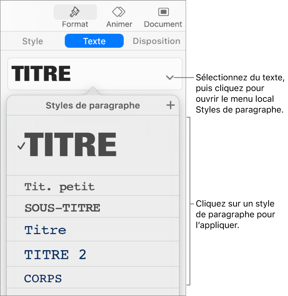 Le menu « Styles de paragraphe » avec une coche en regard du style sélectionné.