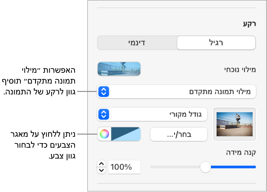 כלי הבקרה של ״רקע״, עם ״מילוי תמונה מתקדם״ צבוע שמוגדר כרקע של השקף.