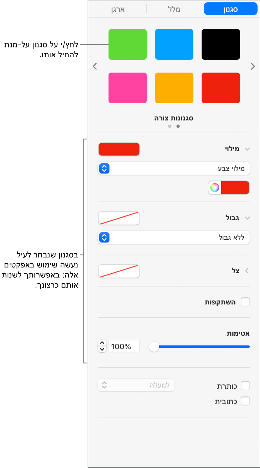 סגנונות ואפשרויות עבור צורות במקטע ״עיצוב״ בסרגל הצד.