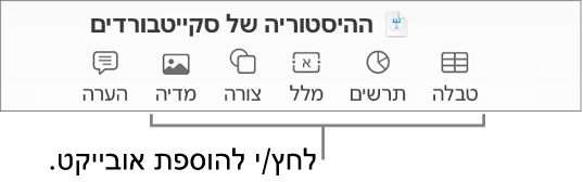 סרגל הכלים של Keynote מציג כפתורים המשמשים להוספת אובייקט לשקף.