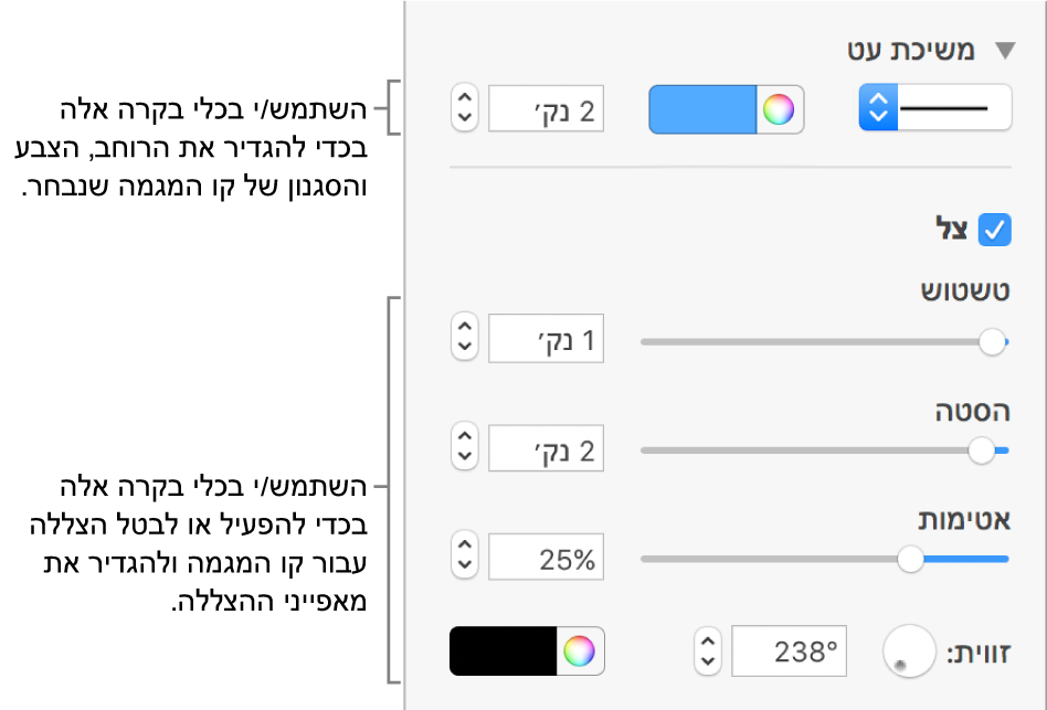 כלי הבקרה בסרגל הצד המיועדים לשינוי המראה של קווי מגמה.