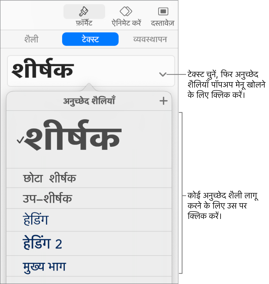 चुनी हुई शैली के आगे चेकमार्क के साथ अनुच्छेद शैली मेनू।