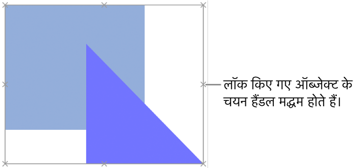 अस्पष्ट चयन हैंडल वाले लॉक किए गए ऑब्जेक्ट।