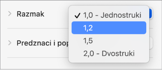 Skočni izbornik Razmak s opcijama Jednostruki, Dvostruki i drugim opcijama.
