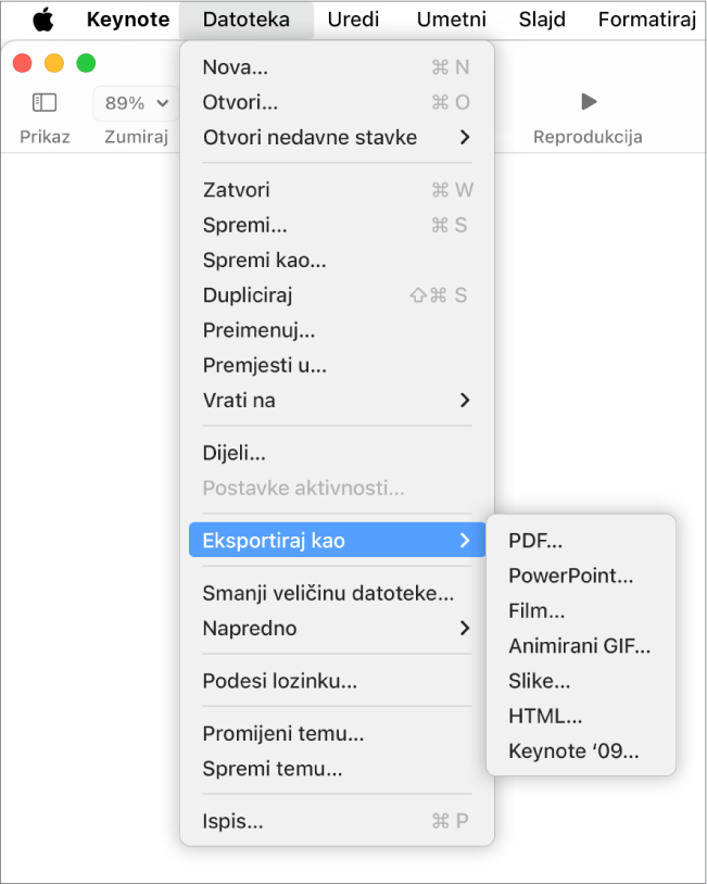 Izbornik Datoteka otvoren odabranom stavkom Eksportiraj u te pripadajući podizbornik u kojem se prikazuju mogućnosti eksportiranja za formate PDF, PowerPoint, Movie, HTML, Images i Keynote ’09.