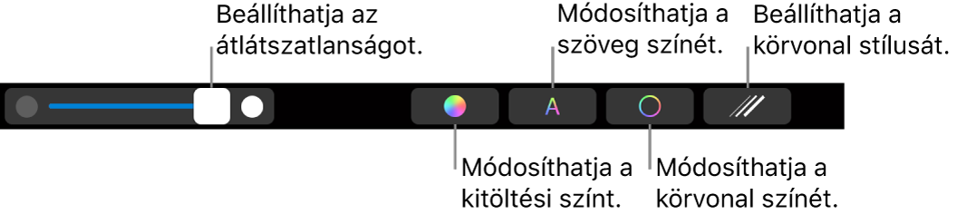 A MacBook Pro Touch Barja egy alakzat átlátszóságának, a kitöltés színének, a szöveg színének, körvonal színének módosításához, illetve körvonal stílusozásához kapcsolódó vezérlőkkel.