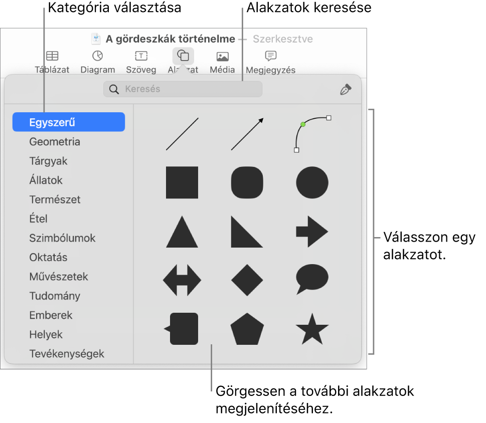 Az alakzatok könyvtára, amelynek bal oldalán a kategóriák láthatók, jobb oldalán pedig az alakzatok. A képernyő tetején lévő keresés mezőben alakzatokat kereshet, görgetéssel pedig további alakzatokat tekinthet meg.