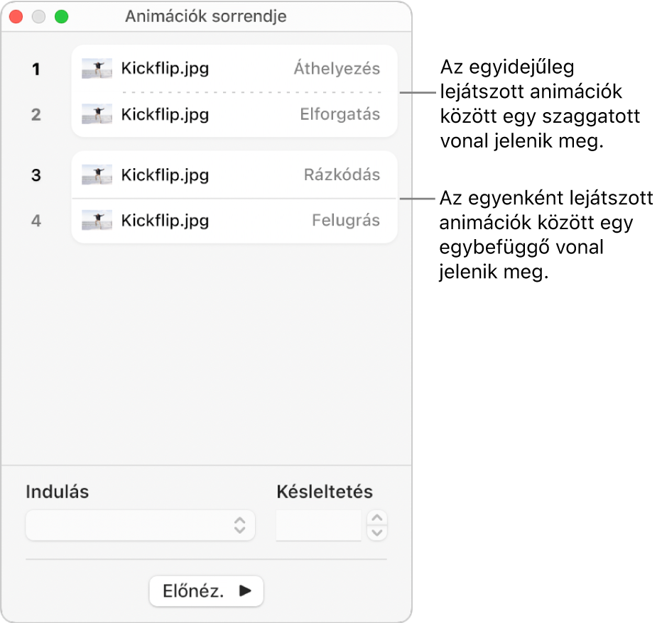 Az Animációk sorrendje menü: az egyidejűleg lejátszódó animációk fölött egy pontozott vonal, míg az egyesével lejátszásra kerülő animációk fölött egy folytonos vonal látható.