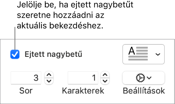 Az Ejtett nagybetű jelölőnégyzet be van jelölve, a négyzet jobb oldalán egy előugró menü látható, a menü alatt pedig a sorok magasságának, a karakterek számának és az egyéb lehetőségeknek beállítására szolgáló vezérlők jelennek meg.