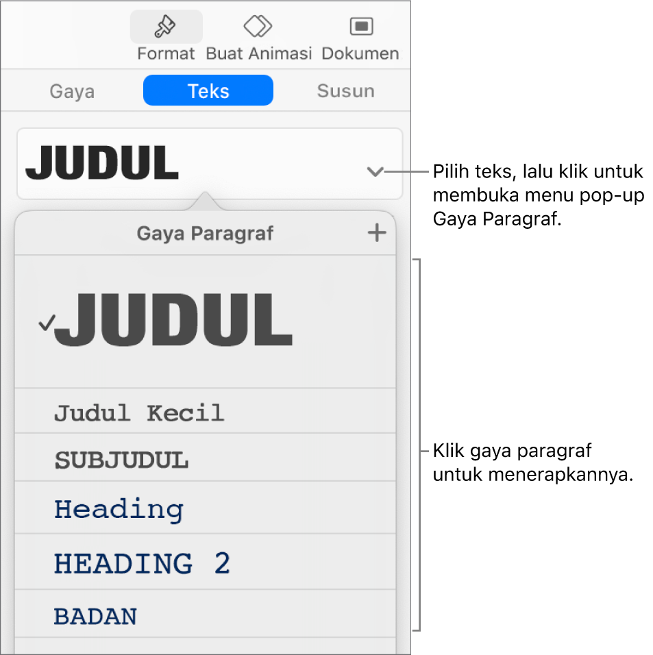Menu Gaya Paragraf dengan tanda centang di samping gaya yang dipilih.