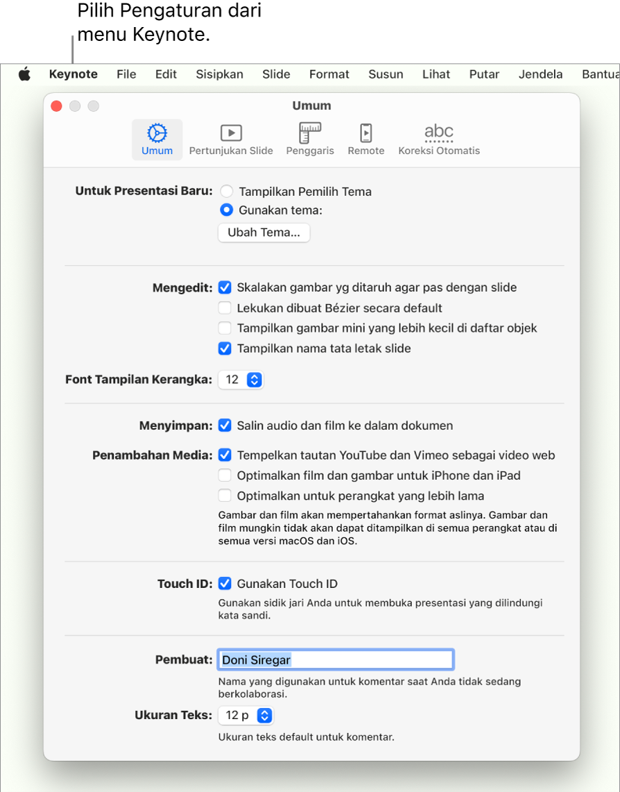 Jendela pengaturan Keynote terbuka ke panel Umum.