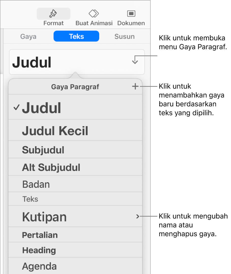 Menu Gaya Paragraf, menampilkan kontrol untuk menambahkan atau mengubah gaya.