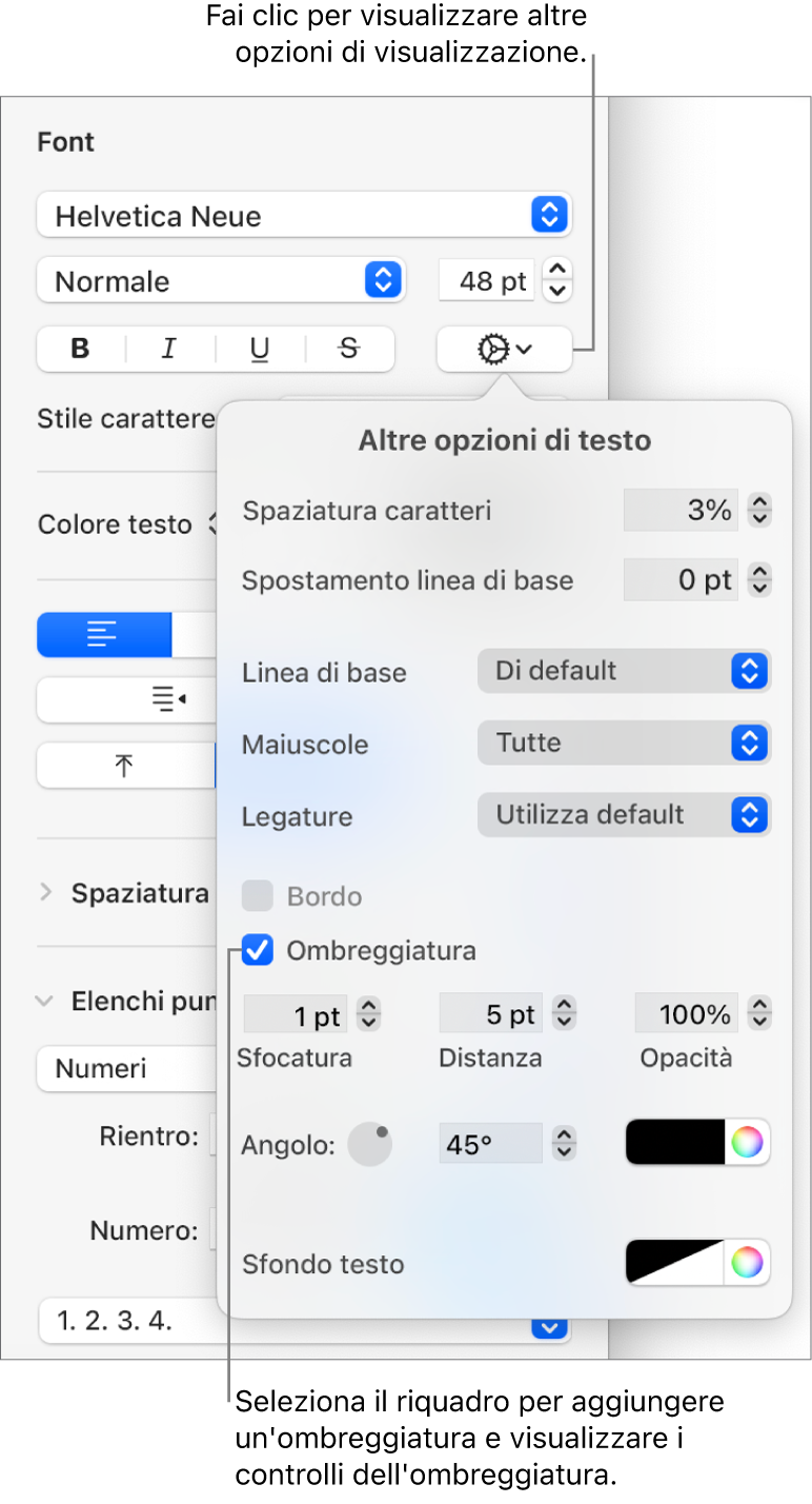 Le Opzioni avanzate aperte con il riquadro Ombreggiatura selezionato e i controlli per impostare la sfocatura, l’offset, l’opacità, l’angolazione e il colore.