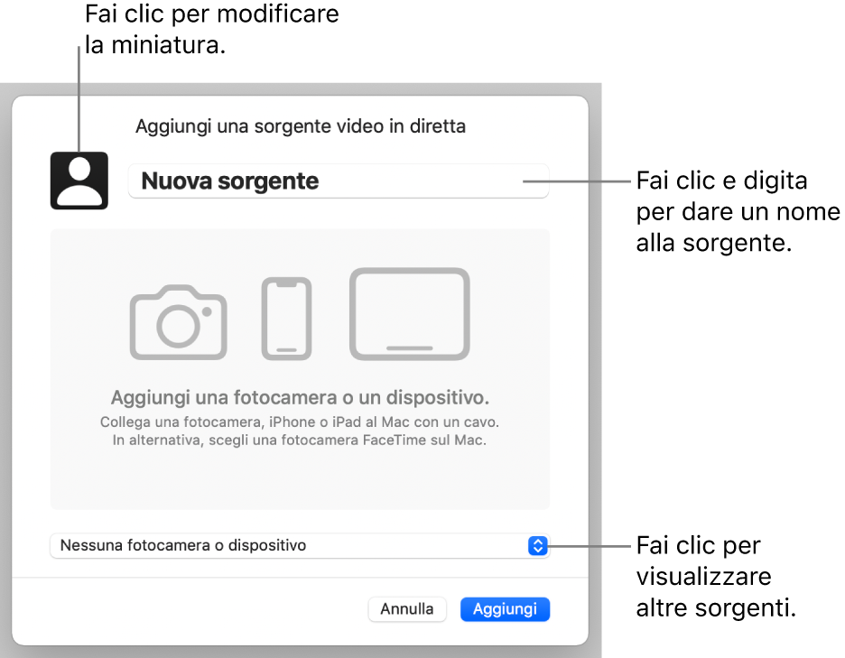 La finestra “Aggiungi una sorgente video in diretta” con i controlli per modificare il nome e la miniatura della sorgente nella parte superiore e quelli per selezionare un’altra sorgente nella parte inferiore.