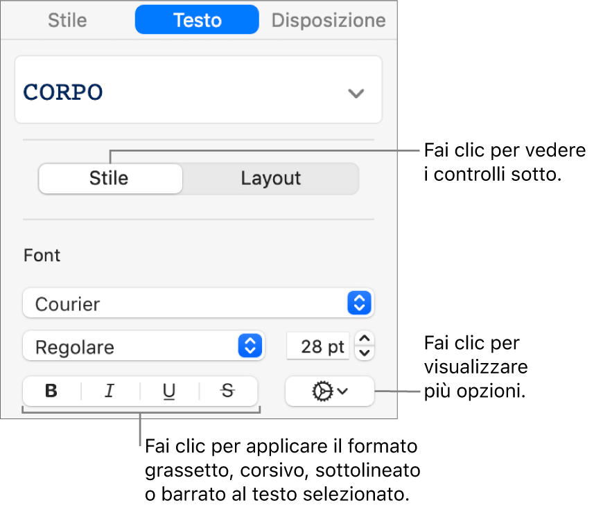Controlli di Stile nella barra laterale con didascalie per i pulsanti Grassetto, Corsivo, Sottolineato e Barrato.