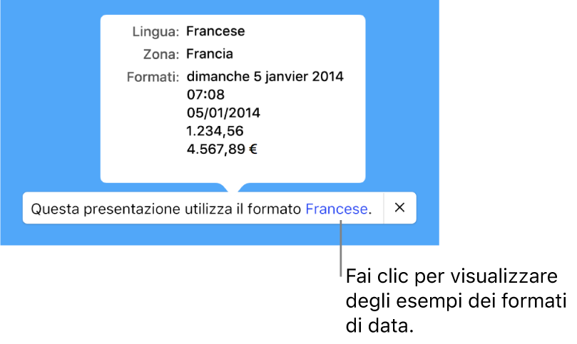 La notifica della diversa impostazione di lingua e zona, con esempi dei formati.